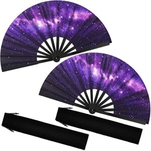 2 pcs galaxy satin rave folding hand fan chinese japanese large handheld fan plastic ribs decorative folding fans with fabric case for women men gifts, dance festival party performance decorations