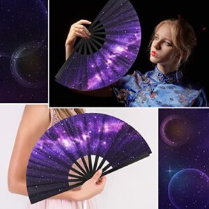 2 Pcs Galaxy Satin Rave Folding Hand Fan Chinese Japanese Large Handheld Fan Plastic Ribs Decorative Folding Fans with Fabric Case for Women Men Gifts, Dance Festival Party Performance Decorations