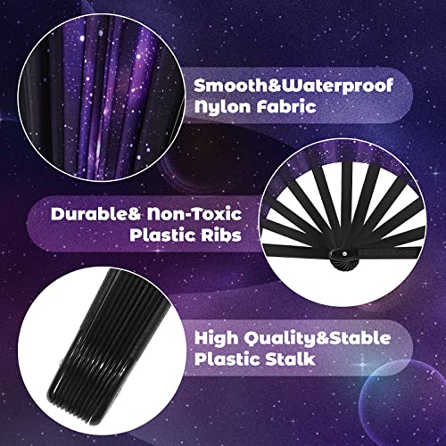 2 Pcs Galaxy Satin Rave Folding Hand Fan Chinese Japanese Large Handheld Fan Plastic Ribs Decorative Folding Fans with Fabric Case for Women Men Gifts, Dance Festival Party Performance Decorations