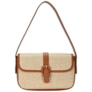 vegan leather rattan straw y2k retro shoulder bag tote purse clutch (tan)