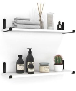 godimerhea white floating shelves for wall, long wall mounted set of 2, modern neutral wooden storage decorative hanging shelf with black metal brackets for bathroom living room, kitchen, 24 inch