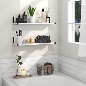Godimerhea White Floating Shelves for Wall, Long Wall Mounted Set of 2, Modern Neutral Wooden Storage Decorative Hanging Shelf with Black Metal Brackets for Bathroom Living Room, Kitchen, 24 Inch
