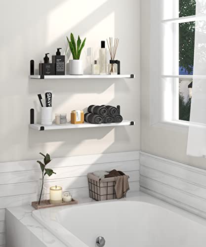 Godimerhea White Floating Shelves for Wall, Long Wall Mounted Set of 2, Modern Neutral Wooden Storage Decorative Hanging Shelf with Black Metal Brackets for Bathroom Living Room, Kitchen, 24 Inch