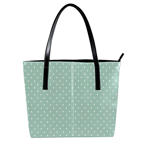 White Polka Dots on Mint Green Background Pattern Handbags for Women Large Purses Leather Tote Bag School Shoulder Bag