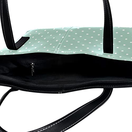 White Polka Dots on Mint Green Background Pattern Handbags for Women Large Purses Leather Tote Bag School Shoulder Bag