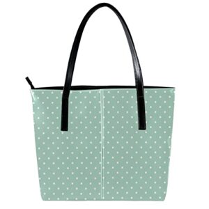 White Polka Dots on Mint Green Background Pattern Handbags for Women Large Purses Leather Tote Bag School Shoulder Bag