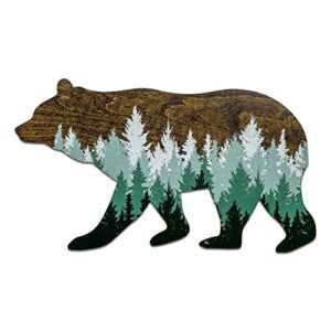 forest bear wall sign, adventure woodland theme, rustic nursery decor, pine tree mountain aesthetic, 18 x 10 inches, man cave home bedroom cabin office house art decorations, hickory hollow designs… (dark walnut/green pine trees)