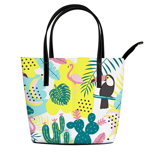 Shoulder Bag Tote Bags for Women Tropical Cactus Flamingos Leather Shopper Work Handbags Large Casual Bag