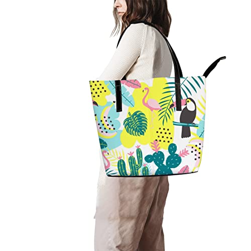 Shoulder Bag Tote Bags for Women Tropical Cactus Flamingos Leather Shopper Work Handbags Large Casual Bag