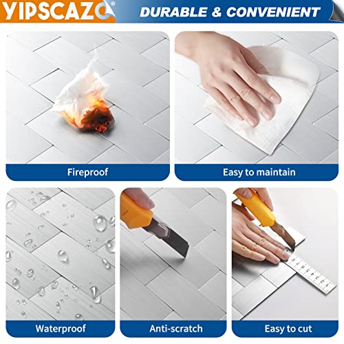 Yipscazo 5 - Sheet Peel and Stick Metal Backsplash, Stick on Tiles Stainless Steel Backsplash Peel and Stick for Kitchen, Bathroom, Fireplace (12''x12'', Silver)