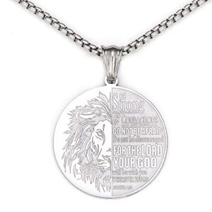 uthosmdo be strong lion bible cover – joshua 1:9, engraved english bible lords stainless steel necklace (silver)
