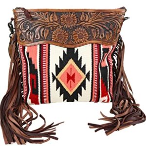 American Darling ADBGZ569 Multi Colored Aztec Purse with Tooled Leather, Off White