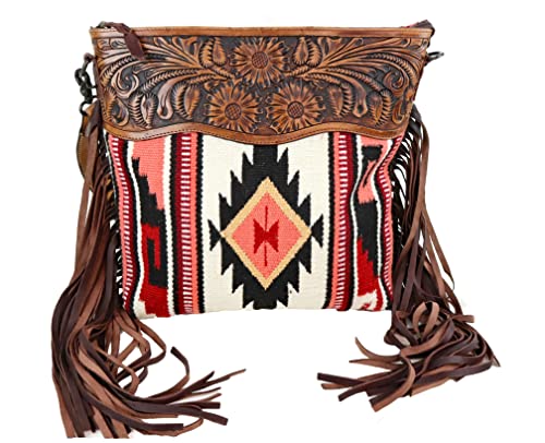 American Darling ADBGZ569 Multi Colored Aztec Purse with Tooled Leather, Off White