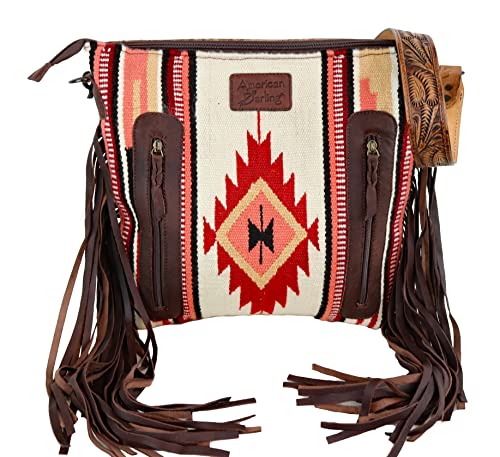 American Darling ADBGZ569 Multi Colored Aztec Purse with Tooled Leather, Off White