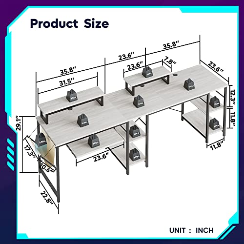 Bestier L Shaped Office Desk with Led Light 95.2 Inch Gaming Corner Desk or 2 Person Long Table with Shelves Monitor Stand and Keyboard Tray for Home Office, White Wash