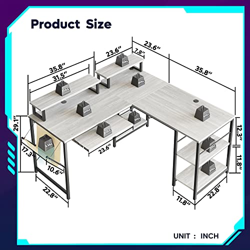 Bestier L Shaped Office Desk with Led Light 95.2 Inch Gaming Corner Desk or 2 Person Long Table with Shelves Monitor Stand and Keyboard Tray for Home Office, White Wash