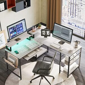 Bestier L Shaped Office Desk with Led Light 95.2 Inch Gaming Corner Desk or 2 Person Long Table with Shelves Monitor Stand and Keyboard Tray for Home Office, White Wash