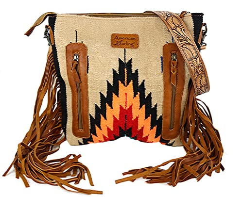 American Darling ADBGZ422A Tan Multi Colored Aztec Purse with Tooled Leather