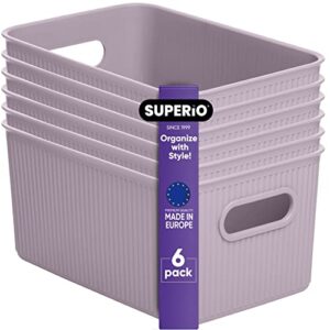 superio decorative plastic open home storage bins organizer baskets, medium lilac purple (6 pack) container boxes for organizing closet shelves drawer shelf – ribbed collection 5 liter