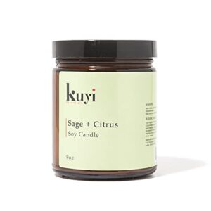 kuyi essentials hand-poured premium scented aromatherapy soy candles for home, gifts for women, 9oz jar, 70 hour + burn time (sage & citrus)