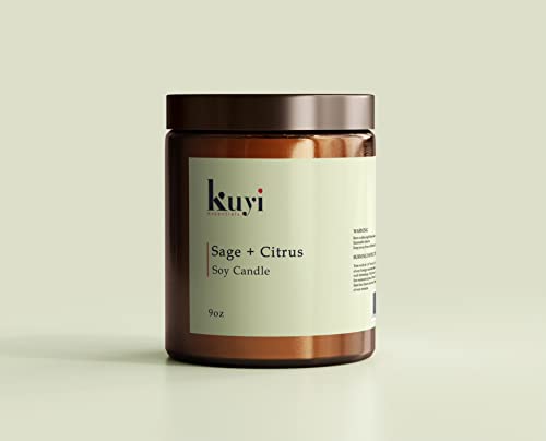 Kuyi Essentials Hand-Poured Premium Scented Aromatherapy Soy Candles for Home, Gifts for Women, 9oz Jar, 70 Hour + Burn Time (Sage & Citrus)