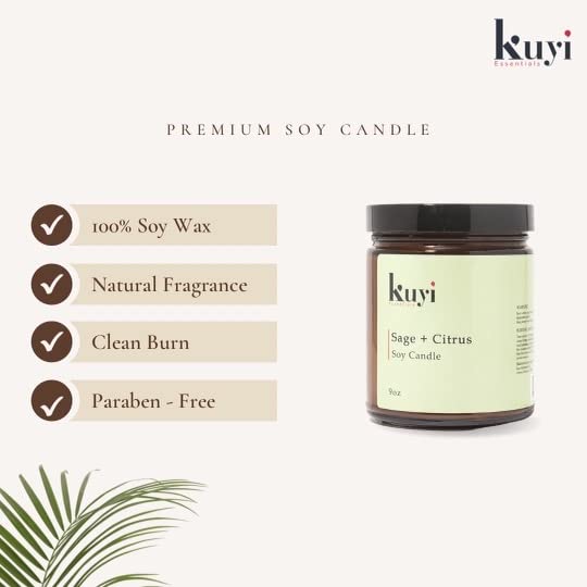 Kuyi Essentials Hand-Poured Premium Scented Aromatherapy Soy Candles for Home, Gifts for Women, 9oz Jar, 70 Hour + Burn Time (Sage & Citrus)