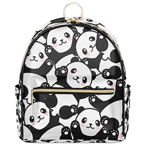 Cute Panda Animal Backpack Purse for Women, Panda Print Pattern PU Leather Small Mini Backpack Casual Daypack Shoulder Bookbag for Teens Girls Kids