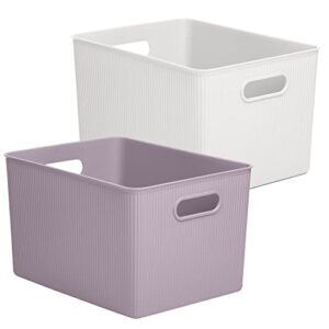 superio decorative plastic open home storage bins organizer baskets, white & lilac (set of 2) 2 x-large – container boxes for organizing closet shelves drawer shelf – ribbed collection