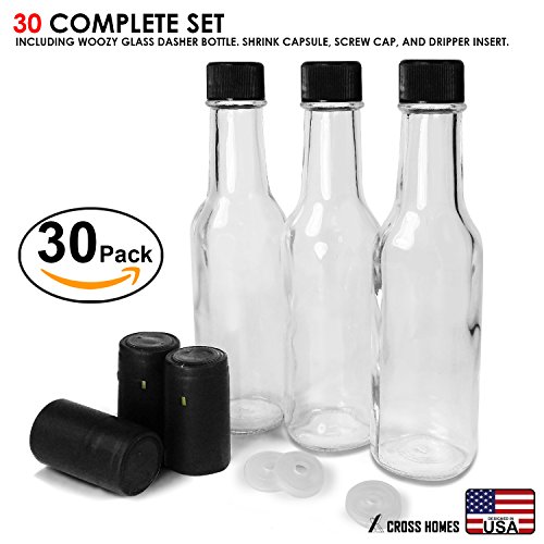 Glass Bottle, Hot Sauce Bottles Woozy bottles Empty 3 Oz 30 sets with Shrink Capsules Dripper Inserts Screw Caps, mini liquor bottles Small glass bottles sauce bottle mini wine bottles with lids Black