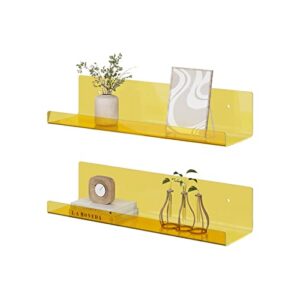 rrg 15 inch acrylic floating shelves, 2 pack kids floating bookshelf wall mounted display shelf for books, kids room, nursery, bedroom, bathroom, living room (yellow)