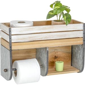 Red Co. 15” x 10” Wall Hanging Wood & Metal Toilet Paper Holder with Storage Shelf