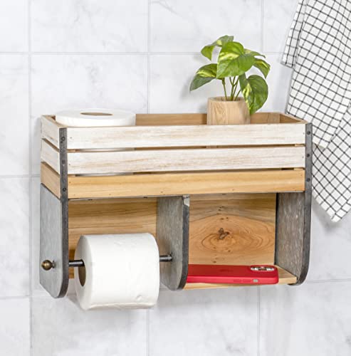 Red Co. 15” x 10” Wall Hanging Wood & Metal Toilet Paper Holder with Storage Shelf