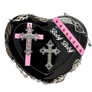 goth purse kawaii gothic bag y2k heart shaped bag punk cross decor bag studded crossbody bag (black)