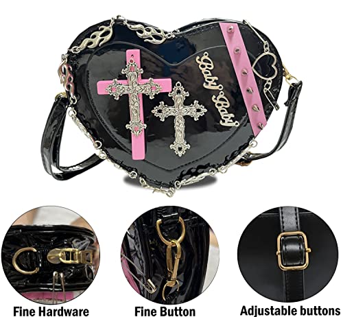 Goth Purse Kawaii Gothic Bag Y2K Heart Shaped Bag Punk Cross Decor Bag Studded Crossbody Bag (Black)