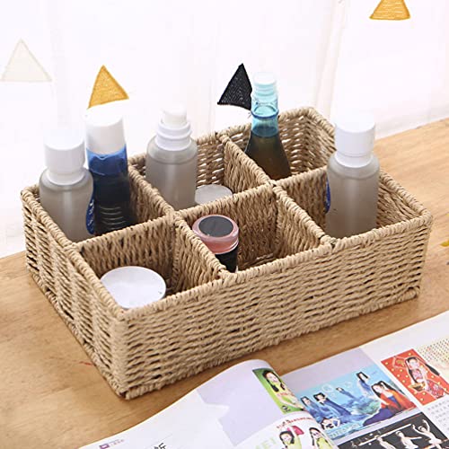 Zerodeko Rattan Divided Basket Storage Box: Woven Wicker Seagrass Storage Basket Khaki Rattan Compartment Bin Makeup Organizer Multipurpose Storage Container for Makeup Small Items