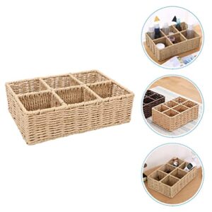 Zerodeko Rattan Divided Basket Storage Box: Woven Wicker Seagrass Storage Basket Khaki Rattan Compartment Bin Makeup Organizer Multipurpose Storage Container for Makeup Small Items