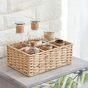 Zerodeko Rattan Divided Basket Storage Box: Woven Wicker Seagrass Storage Basket Khaki Rattan Compartment Bin Makeup Organizer Multipurpose Storage Container for Makeup Small Items