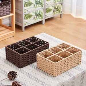 Zerodeko Rattan Divided Basket Storage Box: Woven Wicker Seagrass Storage Basket Khaki Rattan Compartment Bin Makeup Organizer Multipurpose Storage Container for Makeup Small Items