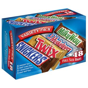 snickers, twix, 3 musketeers & milky way full size bars variety mix, 18-count box, 33.3 ounces