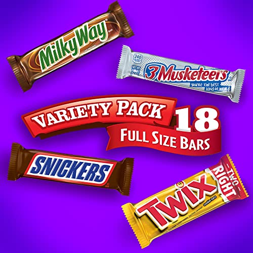 SNICKERS, TWIX, 3 MUSKETEERS & MILKY WAY Full Size Bars Variety Mix, 18-Count Box, 33.3 ounces