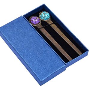 wisdompro 2 pcs metal bookmark, retro vintage bronze book mark ruler with dried flower, packaged in a gift box – an ideal gift for kids, students, teachers, book lovers – blue & purple