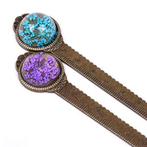 Wisdompro 2 Pcs Metal Bookmark, Retro Vintage Bronze Book Mark Ruler with Dried Flower, Packaged in a Gift Box - an Ideal Gift for Kids, Students, Teachers, Book Lovers - Blue & Purple