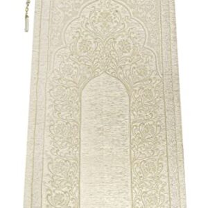 Muslim Prayer Rug with Prayer Beads | Janamaz | Sajadah | Soft Islamic Prayer Rug with New Mihrab Design | Islamic Gifts | Prayer Carpet Mat, Chenille Fabric, Cream