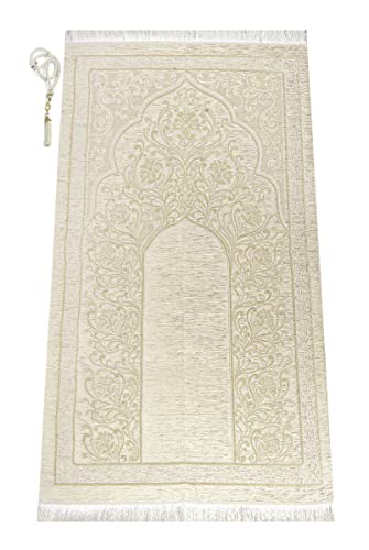 Muslim Prayer Rug with Prayer Beads | Janamaz | Sajadah | Soft Islamic Prayer Rug with New Mihrab Design | Islamic Gifts | Prayer Carpet Mat, Chenille Fabric, Cream