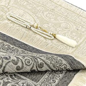 Muslim Prayer Rug with Prayer Beads | Janamaz | Sajadah | Soft Islamic Prayer Rug with New Mihrab Design | Islamic Gifts | Prayer Carpet Mat, Chenille Fabric, Cream