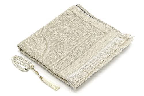 Muslim Prayer Rug with Prayer Beads | Janamaz | Sajadah | Soft Islamic Prayer Rug with New Mihrab Design | Islamic Gifts | Prayer Carpet Mat, Chenille Fabric, Cream