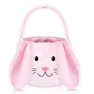 senneny easter baskets for kids, personalized plush bunny basket gift for girls boys, cute fluffy eggs hunting buckets bags with foldable rabbit ears, pink