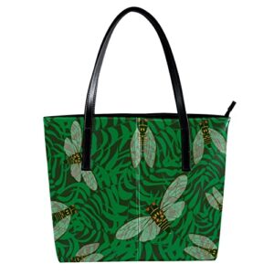 Large Leather Handbags for Women Cicada Insect with Green Forest Leaves Background Top Handle Shoulder Satchel Hobo Bag