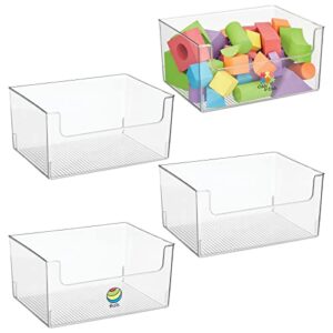 mdesign plastic open front wide toy storage organizer bin for playroom, nursery, kids closets; holds action figures, crayons, building blocks, puzzles – ligne collection – 4 pack + 24 labels – clear
