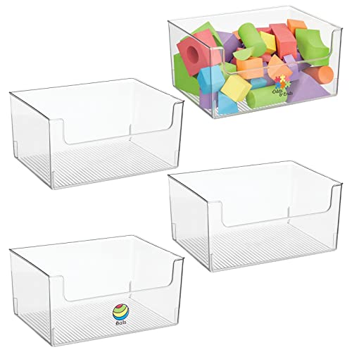 mDesign Plastic Open Front Wide Toy Storage Organizer Bin for Playroom, Nursery, Kids Closets; Holds Action Figures, Crayons, Building Blocks, Puzzles - Ligne Collection - 4 Pack + 24 Labels - Clear